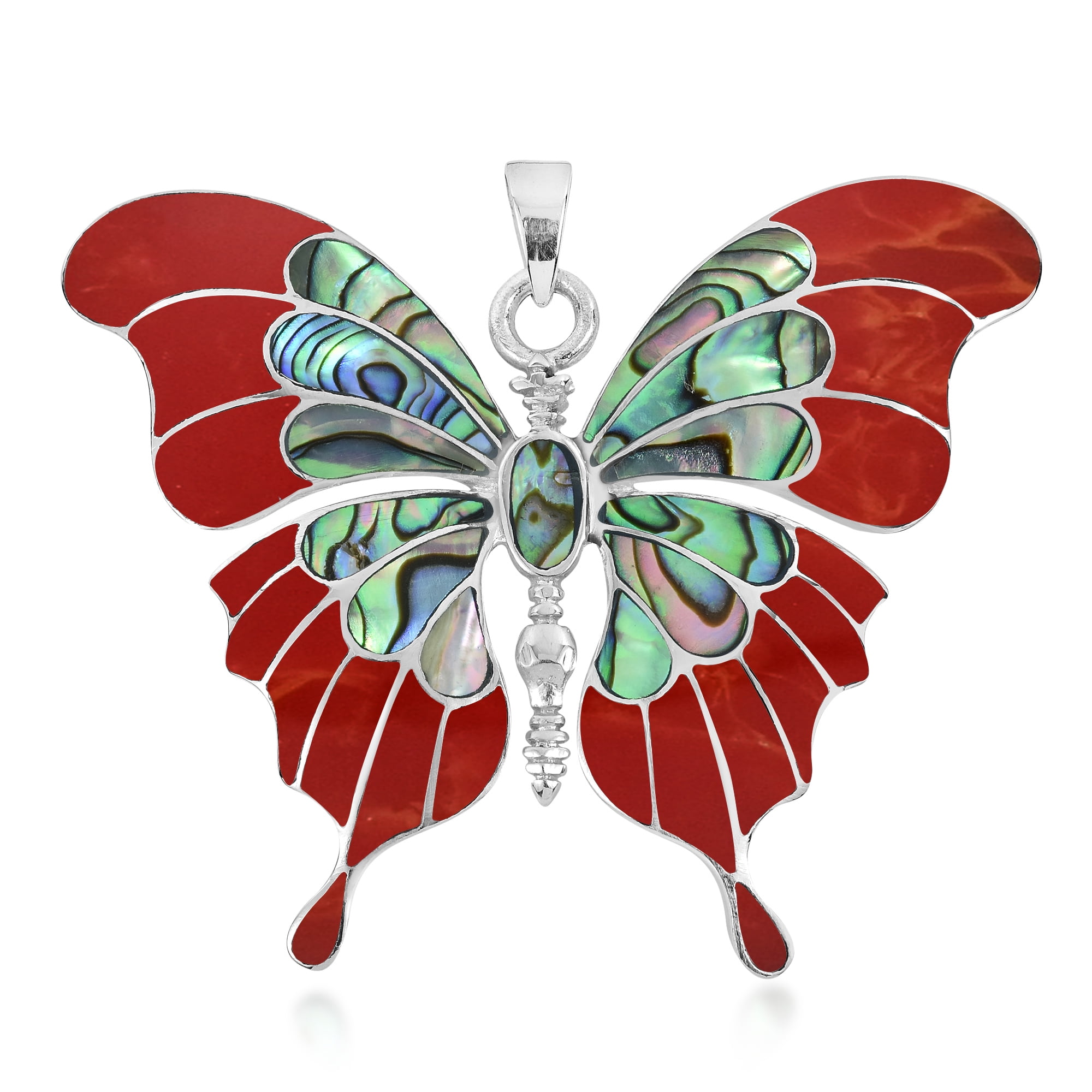 Gorgeous Big Butterfly Multicolor Red Coral and Abalone Sterling Silver Pendant