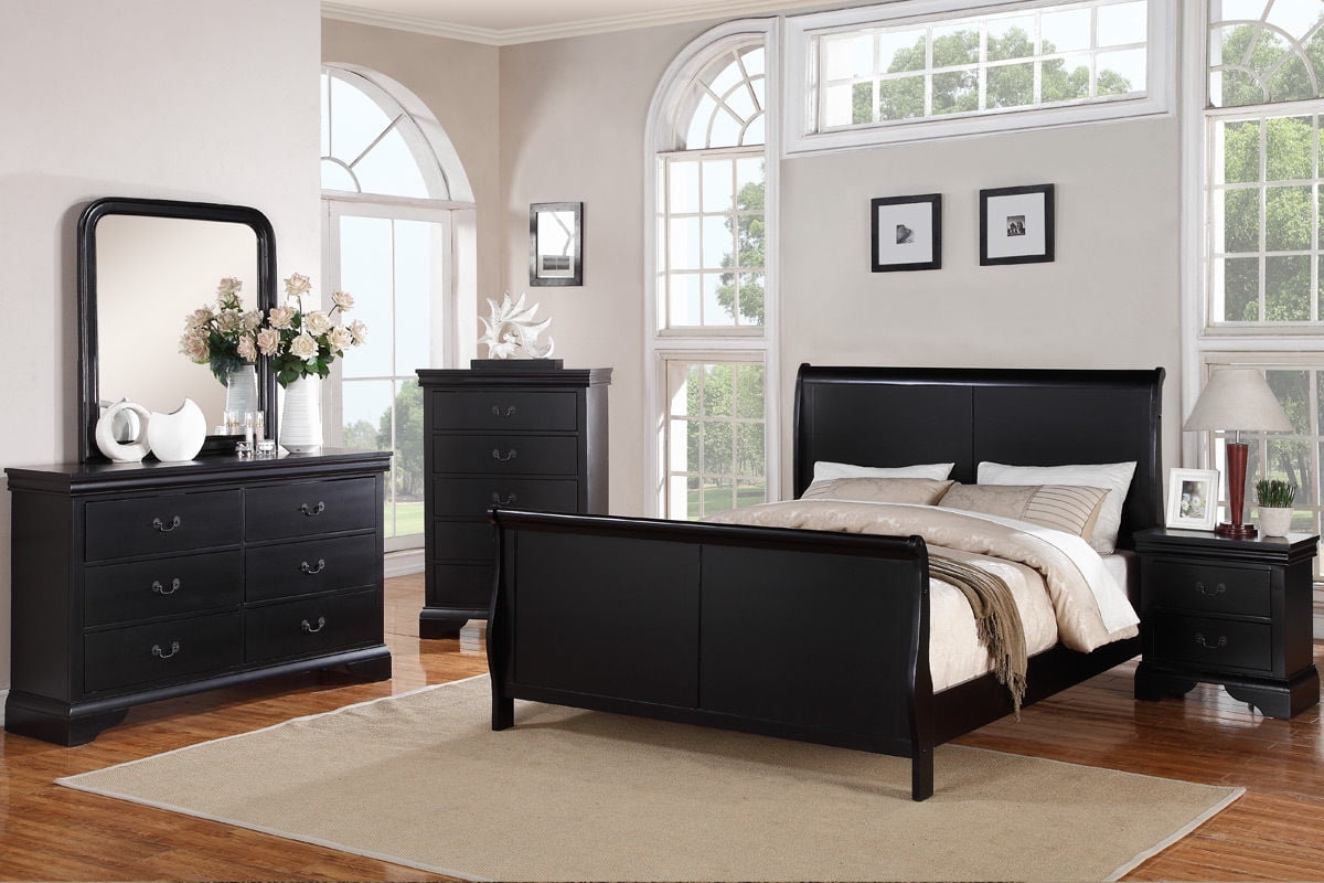Gorgeous Black 3pc Beautiful Louis Philippe Style Eastern King Size Sleigh Bed 2x Nightstand Set Wooden Bedroom Furniture
