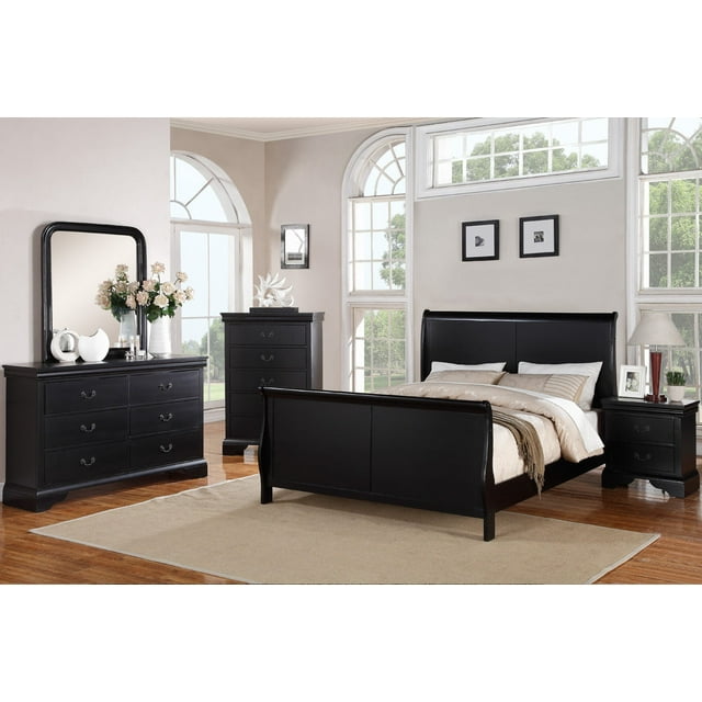 Gorgeous Black 3pc Beautiful Louis Philippe Style Eastern King Size Sleigh Bed 2x Nightstand Set Wooden Bedroom Furniture