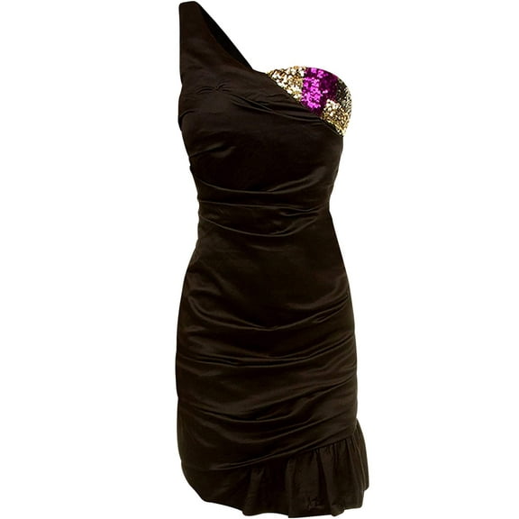 Gorgeous Black One Shoulder Satin Dress With sequin Cup Size Large