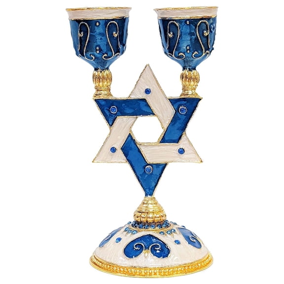 Gorgeous Blue Star of Shabbat Candle Holder Accents Embellished with Genuine Crystals Comes in a Beautiful Gift Box