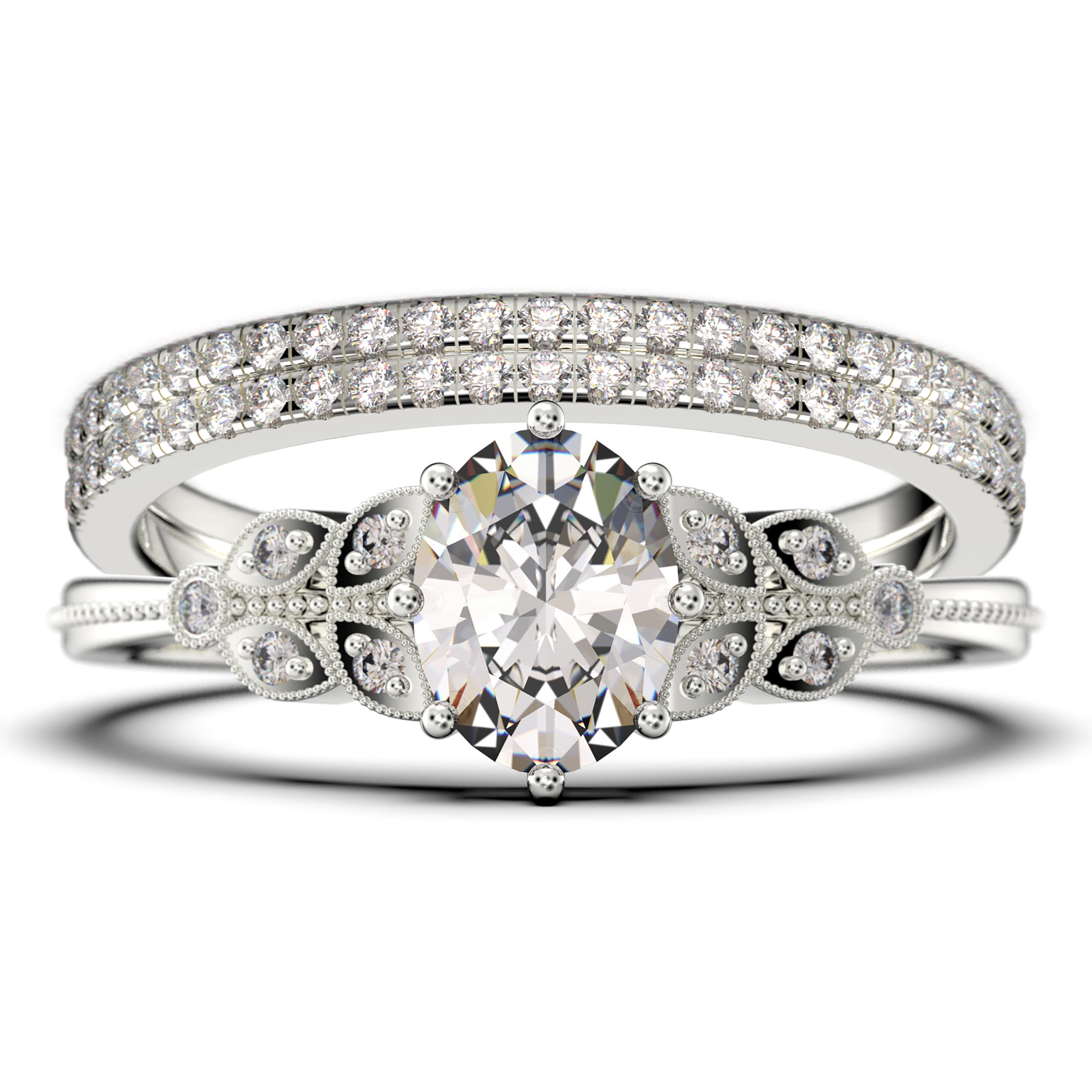 Gorgeous Boho Hippie 2.25 Carat Oval Cut Vintage Look Diamond Moissanite Engagement Ring Set Wedding Ring In 925 Sterling Silver With 18K White