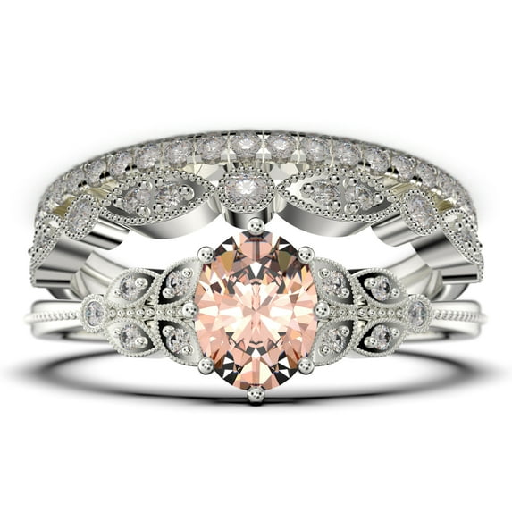 Gorgeous Boho & Hippie 2.25 Carat Oval Cut Vintage Look Morganite And Diamond Moissanite Engagement Ring Set, Wedding Ring In 925 Sterling Silver With 18K White Gold Plating, Trio Set