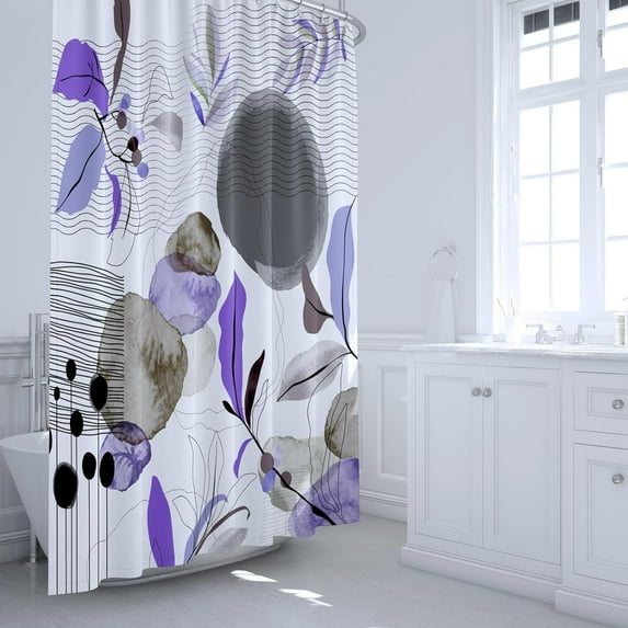 Gorgeous Boho Shower Curtain, Abstract Mid Century Shower Curtain Set Purple Leaves Bath Curain Modern Minimalist Bathroom Decor Watercolor Grey Shower Curtains with Hooks, 72" x 72