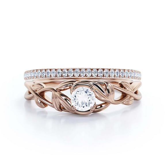 Gorgeous Boho & hippie 1.00 Carat Round Diamond Moissanite Leaf Inspired Engagement Ring, Wedding Ring in 10k Solid Rose Gold, Gift For Her, Promise Ring, Anniversary Ring, Bridal Set, Matching Band