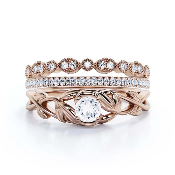 Gorgeous Boho & hippie 1.50 Carat Round Cut Diamond Moissanite Leaf Inspired Engagement Ring, Wedding Ring in10k Solid Rose Gold, Gift For Her, Promise Ring, Anniversary Ring, Trio Set, Matching Band