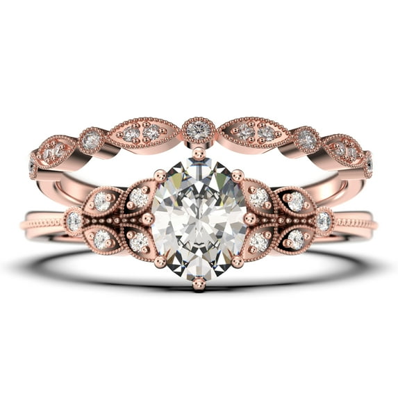 Gorgeous Boho & hippie 2.00 Carat Oval Cut Vintage Look Diamond Moissanite Engagement Ring Set, Wedding Ring in 925 Sterling Silver With 18k Rose Gold Plating Gift For Her, Promise Ring