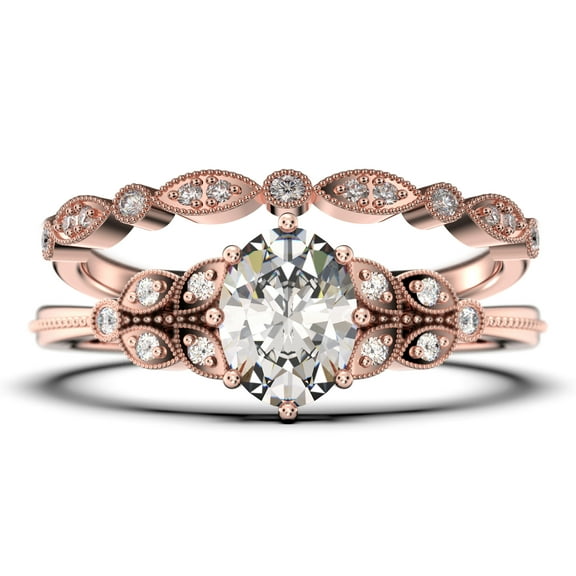 Gorgeous Boho & hippie 2.00 Carat Oval Cut Vintage Look Diamond Moissanite Engagement Ring Set, Wedding Ring in 925 Sterling Silver With 18k Rose Gold Plating Gift For Her, Promise Ring