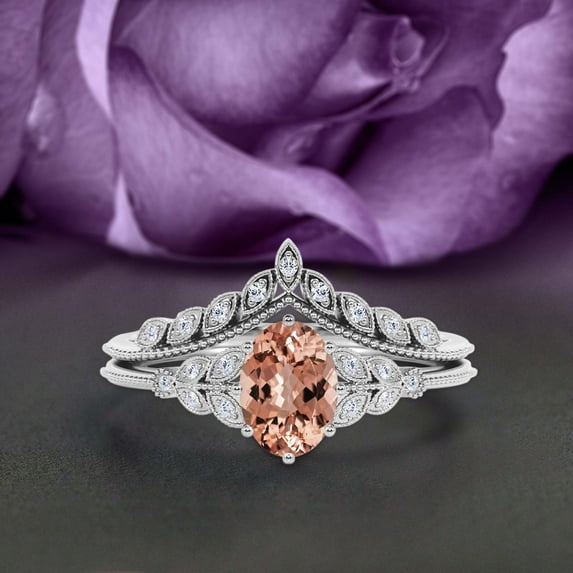 Gorgeous Boho & hippie 2.00 Carat Oval Cut Vintage Look Morganite And Diamond Moissanite Engagement Ring Set, Wedding Ring in 10k Solid White Gold, Gift For Her, Promise Ring, Anniversary Gift