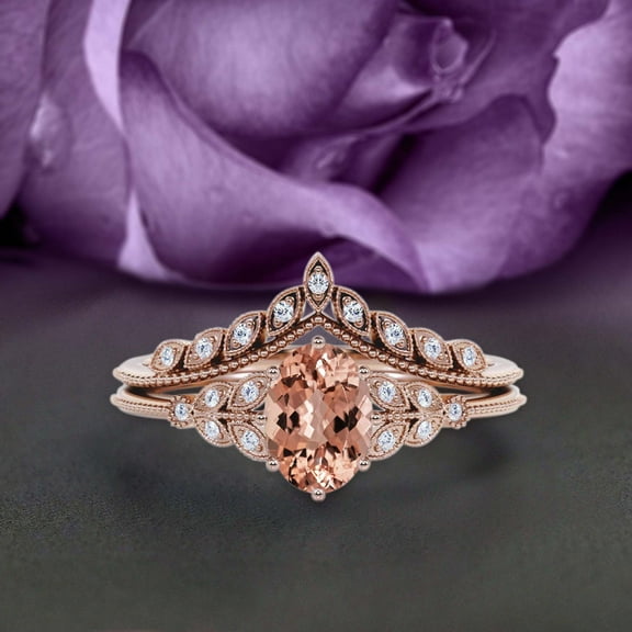 Gorgeous Boho & hippie 2.00 Carat Oval Cut Vintage Look Morganite And Diamond Moissanite Engagement Ring Set, Wedding Ring in 925 Sterling Silver With 18k Rose Gold Plating Gift For Her, Promise Ring