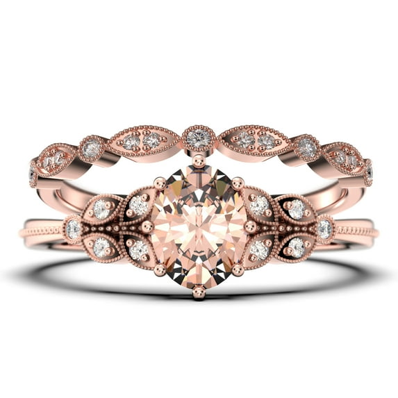 Gorgeous Boho & hippie 2.00 Carat Oval Cut Vintage Look Morganite And Diamond Moissanite Engagement Ring Set, Wedding Ring in 925 Sterling Silver With 18k Rose Gold Plating Gift For Her, Promise Ring