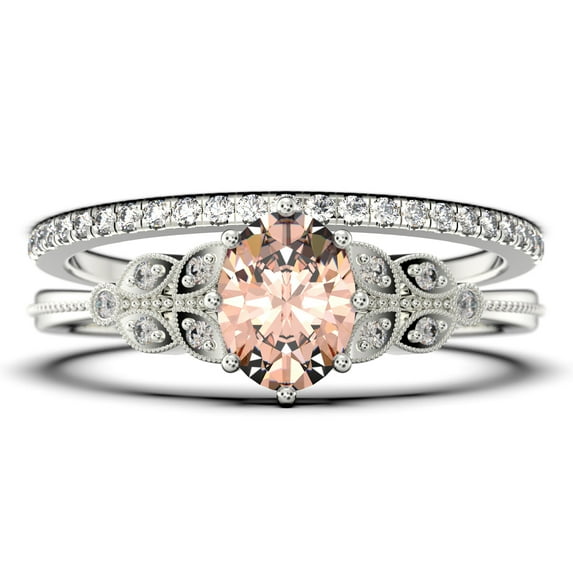 Gorgeous Boho & hippie 2.00 Carat Oval Cut Vintage Look Morganite And Diamond Moissanite Engagement Ring Set, Wedding Ring in 925 Sterling Silver With 18k White Gold Plating, Promise Ring