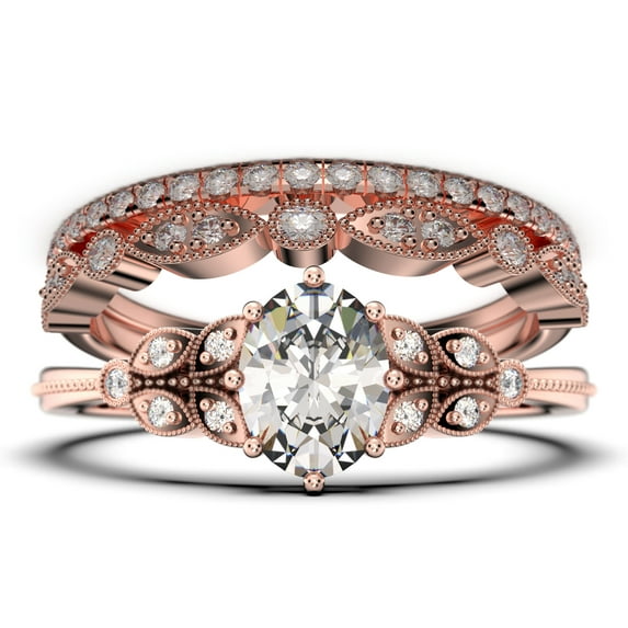 Gorgeous Boho & hippie 2.25 Carat Oval Cut Vintage Look Diamond Moissanite Engagement Ring Set, Wedding Ring in 10k Solid White Gold, Gift For Her, Promise Ring, Trio set