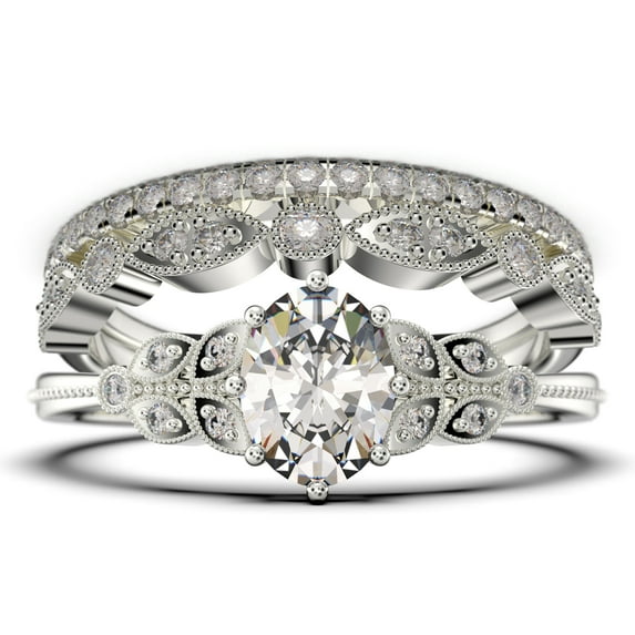 Gorgeous Boho & hippie 2.25 Carat Oval Cut Vintage Look Diamond Moissanite Engagement Ring Set, Wedding Ring in 10k Solid White Gold, Gift For Her, Promise Ring, Trio set
