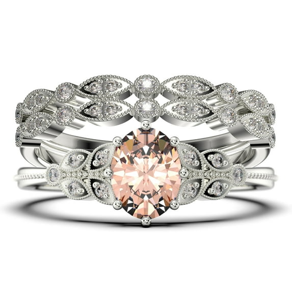 Gorgeous Boho & hippie 2.25 Carat Oval Cut Vintage Look Morganite And Diamond Moissanite Engagement Ring Set, Wedding Ring in 10k Solid White Gold, Gift For Her, Promise Ring, Trio set