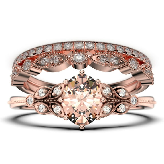 Gorgeous Boho & hippie 2.25 Carat Oval Cut Vintage Look Morganite And Diamond Moissanite Engagement Ring Set, Wedding Ring in 925 Sterling Silver With 18k White Gold Plating, Trio set