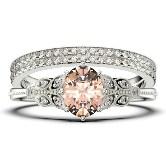 Gorgeous Boho & hippie 2.25 Carat Oval Cut Vintage Look Morganite And Diamond Moissanite Engagement Ring Set, Wedding Ring in 925 Sterling Silver With 18k White Gold Plating, Trio set