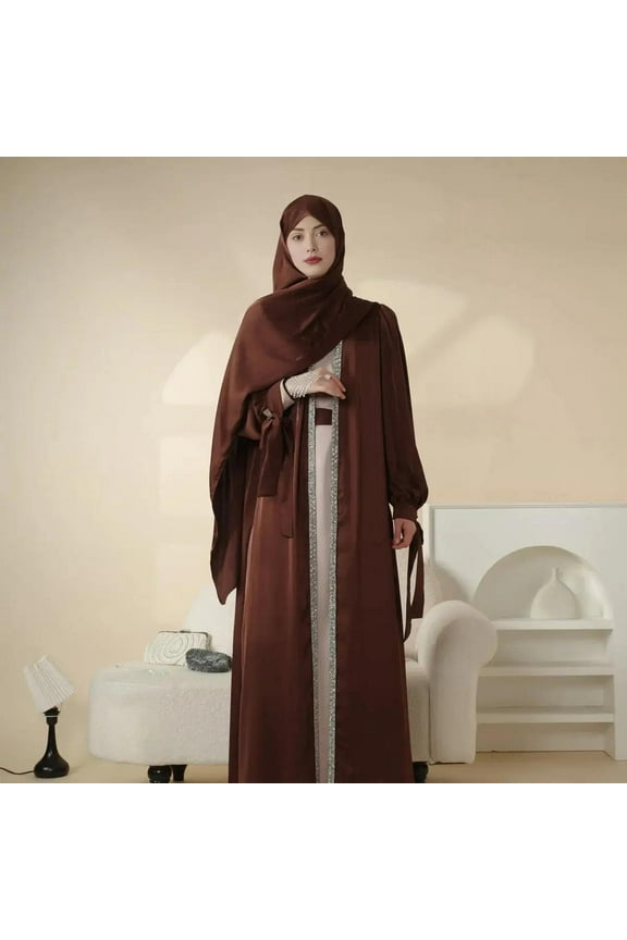 Gorgeous Bow Tie Sleeve Diamond Satin Set Islamic Elegant Dresses Long Sleeve Arabian Pocket Women Abaya