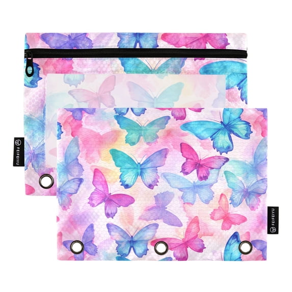 Gorgeous Butterfly 2 Pack Pencil Pouch for 3 Ring Binder Smooth Zipper Folders with Pockets Clear Window Pencil Case