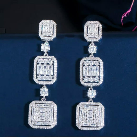 Gorgeous CZ Sterling Silver 925 Long Dangling Drop Earrings For Dancing Party