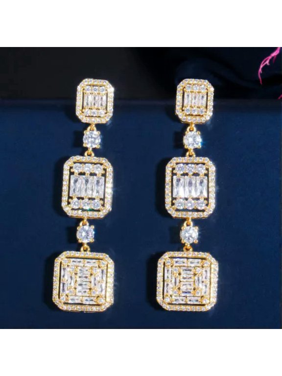 Gorgeous CZ Sterling Silver 925 Long Dangling Drop Earrings For Dancing Party