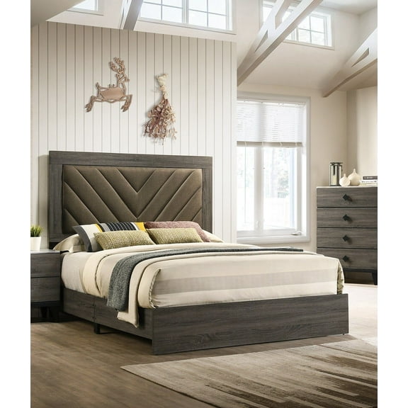 Gorgeous Classic Grey Finish Upholstered Fabric Headboard California King Size Bed Lines Design 1pc Bedroom Furniture Wooden