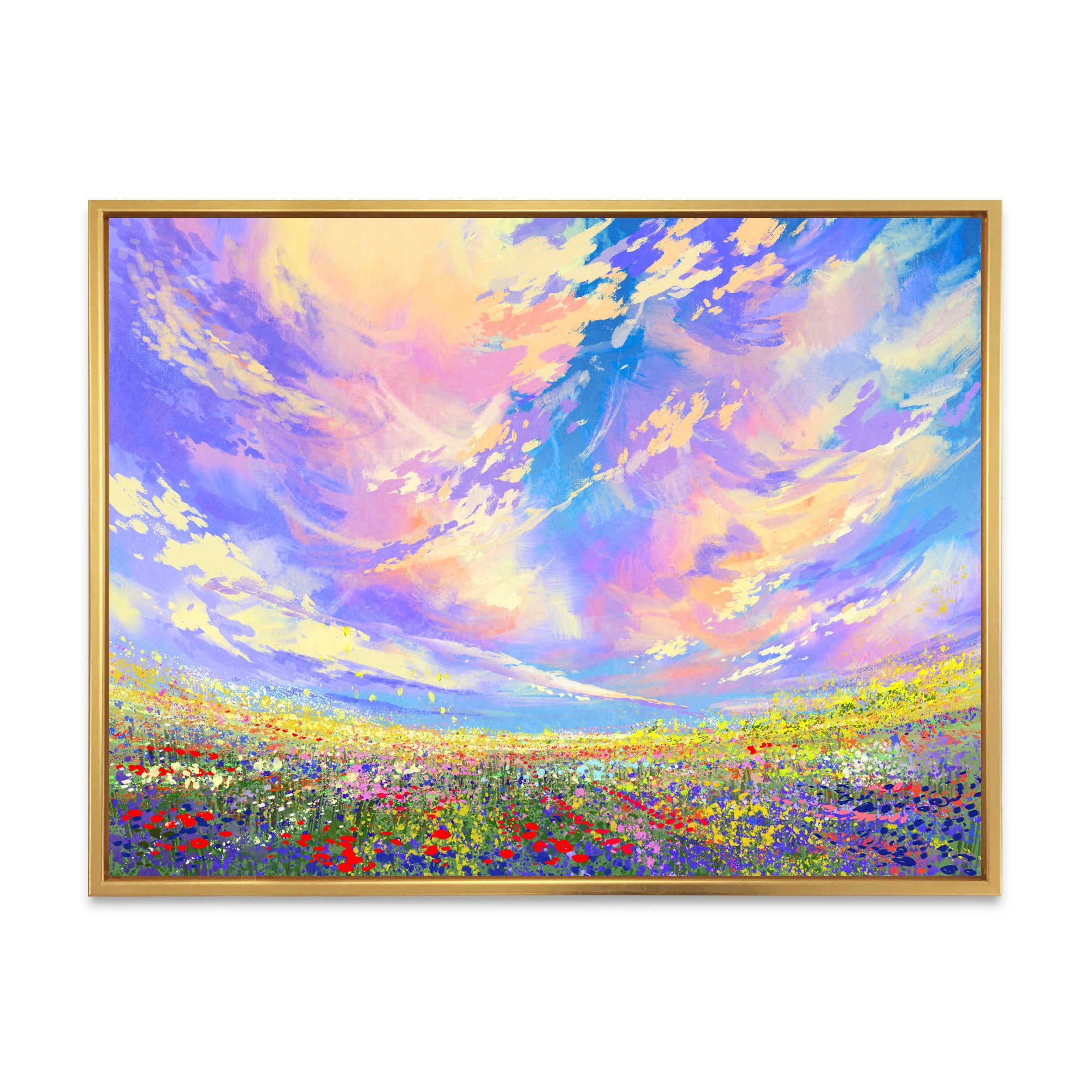 Gorgeous Clouds Over Colorful Flowers In Field 32 in x 24 in Framed Painting Canvas Art Print, by Designart