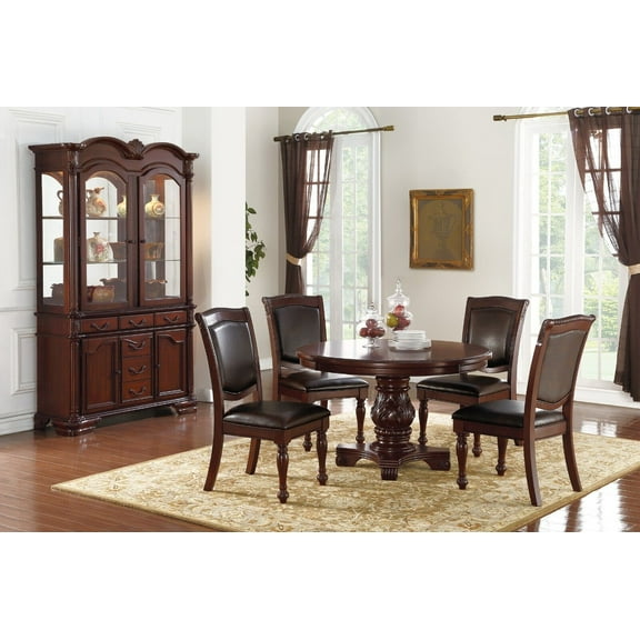 Gorgeous Dark Brown Traditonal Dining Room 5pc Set Round Dining Table 4x Chairs Faux Leather Pedestal Base Formal Kitchen