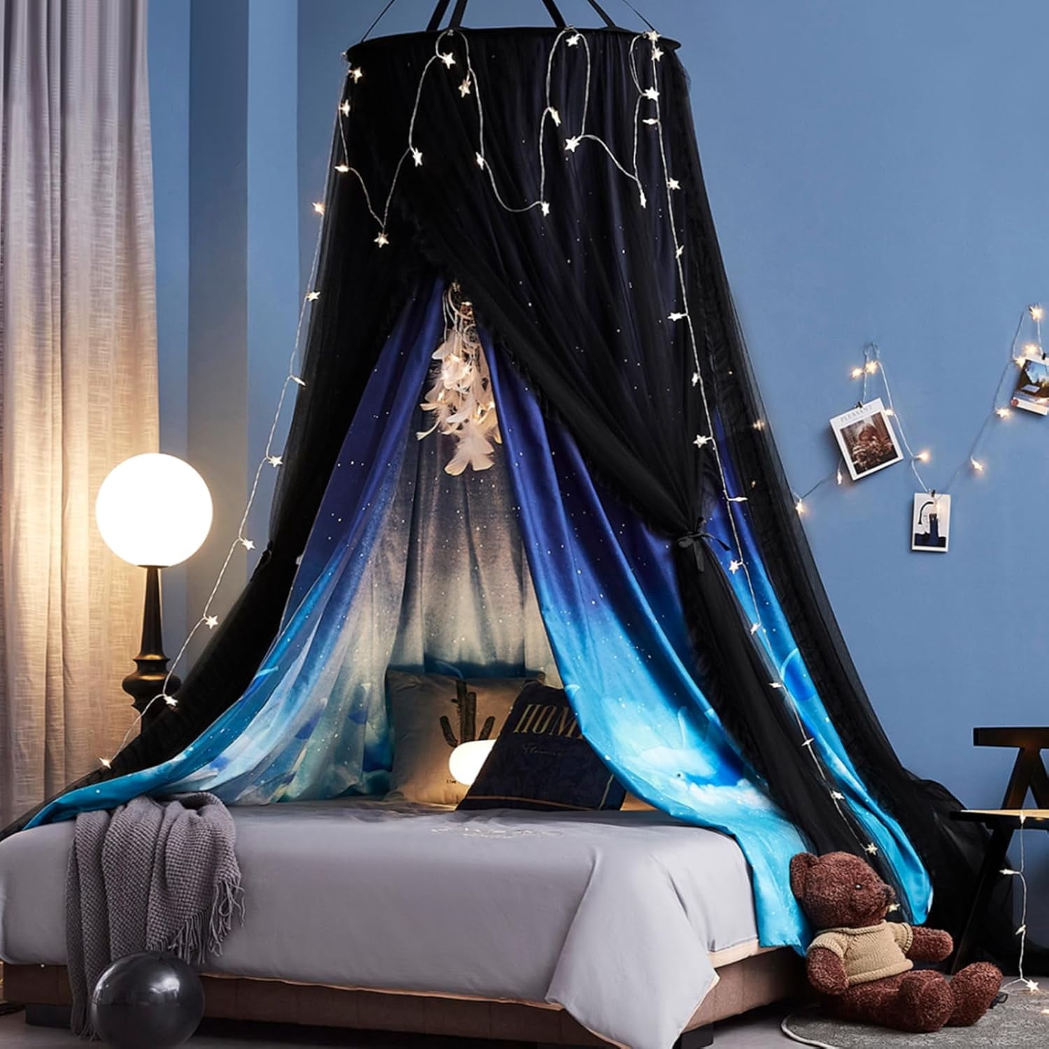 Gorgeous Dolphin Printed Bed Canopy for Girls & Adults, Room Decorative Cozy Bed Curtain Canopy Drapes, Round Dome Luxurious Lace Princess Canopies Mosquito Netting (Dolphin)