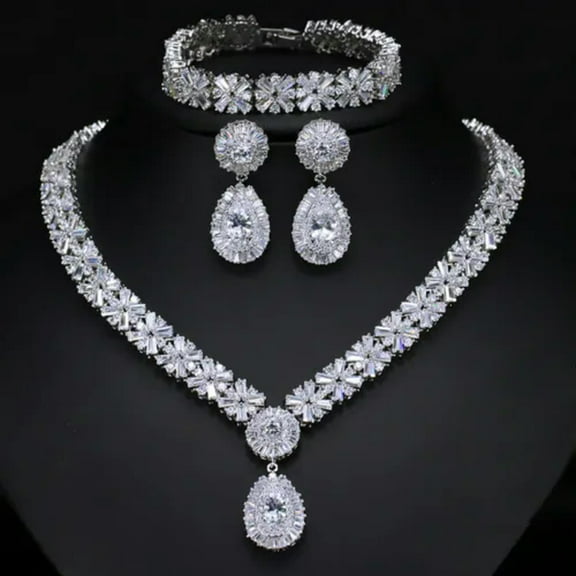 Gorgeous Dubai Gold Plated CZ Necklace Earring Bracelet Jewelry Set