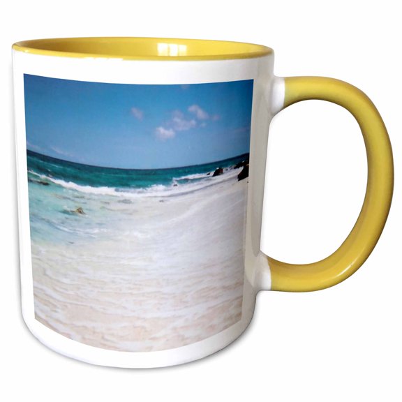3drose, Gorgeous Empty Beach on Rocky Coast, 15oz Two-tone Yellow Mug