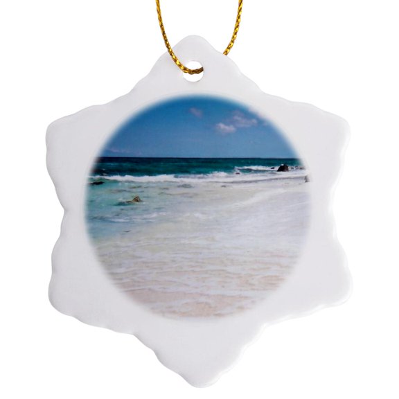 3drose, Gorgeous Empty Beach on Rocky Coast, 3 inch Snowflake Porcelain Ornament
