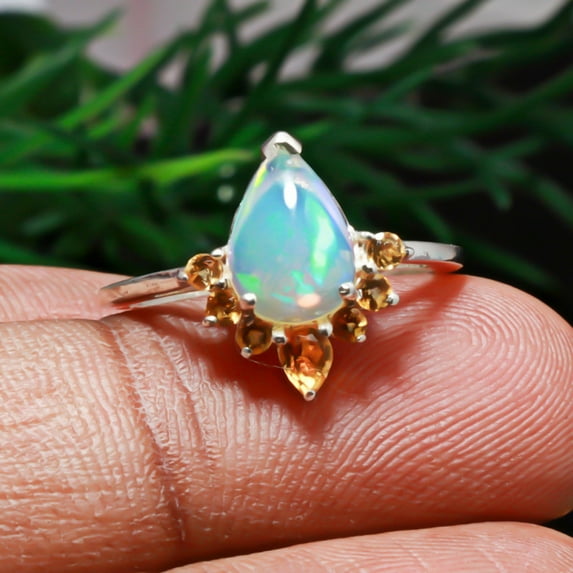 Gorgeous Ethiopian Opal Engagement Ring-Designer Fire Opal Halo Ring With Citrine-Opal Vintage Wedding Ring-925 Sterling Silver Jewelry-R713
