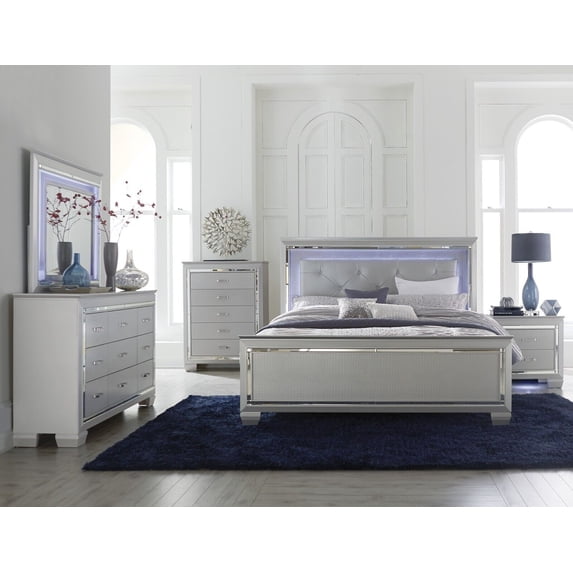 Gorgeous Faux Alligator Embossed Silver Finish 4pc Bedroom Furniture Set Cal-King Size Bed LED Headboard Nightstand
