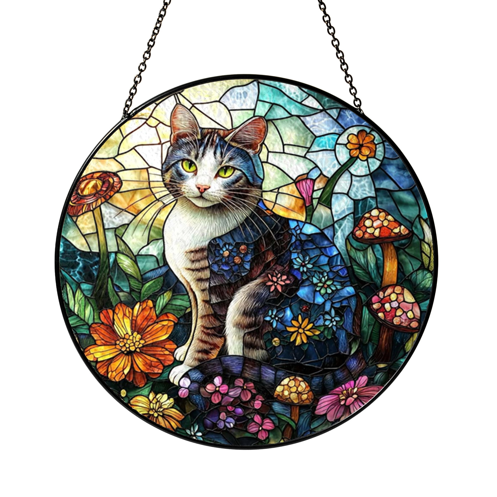 Gorgeous Floral Cat with Glowing Mushrooms Spring Suncatcher Art ...