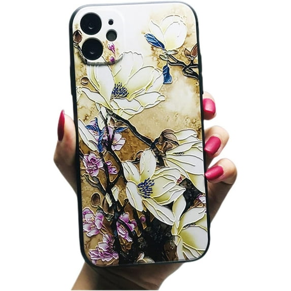 Gorgeous Floral Embossed Design Soft TPU Phone case for iPhone 14 13 12 11 8 7 6 S X XS XR Plus Pro Max Mini Protective Cover Charming Thin Light Drop Proof Bumper(Yellow,13 Mini)