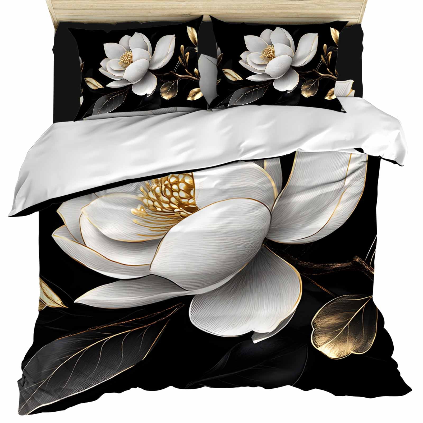 Gorgeous Flowers Duvet Cover Set, White Gold Floral Botanicals Black Soft Duvet Cover Queen Size Bedding Set 4 Pieces, 1 Quiltcover and 2 Pillowcases with Zipper, 1 Bed Sheet for All Seasons