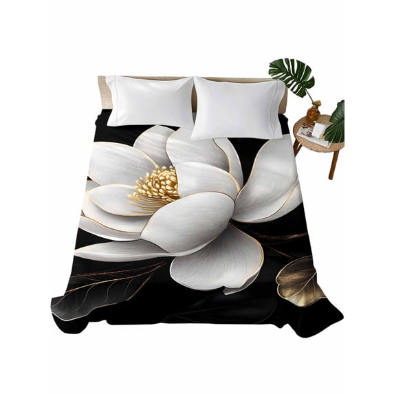 Gorgeous Flowers Flat Sheet Only Twin Size, Soft Breathable Bed Top Sheets for Mattress, White Gold Floral Botanicals Black Luxury Bedding Flat Sheets for Home Hotel Bedroom Bed Protection