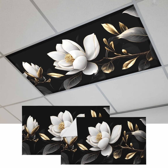 Gorgeous Flowers Fluorescent Light Covers, White Gold Floral Botanicals Black Magnetic Light Covers for Ceiling Lights, Fluorescent Ceiling Shade Filters for Classroom Bedroom Office 4x2Ft x 2PCS