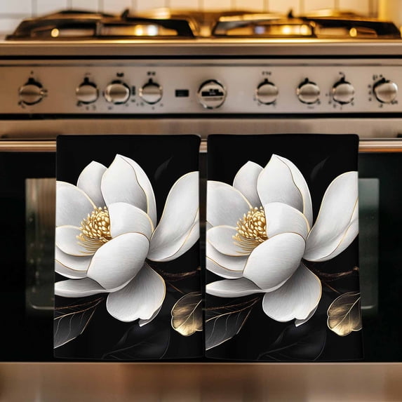 Gorgeous Flowers Kitchen Towels Set of 4, White Gold Floral Botanicals Black Absorbent Dish Towels for Kitchen, Microfiber Hand Towel, Quick Drying Tea Towel for Cleaning Decorative Dishcloths