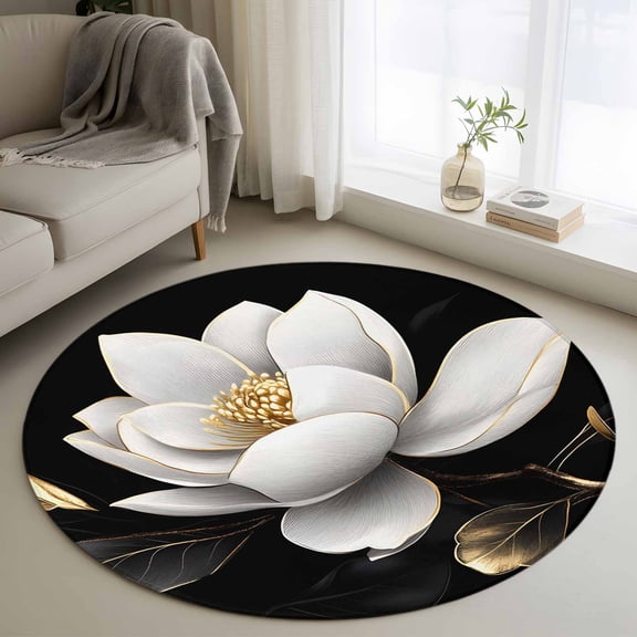 Gorgeous Flowers Round Area Rug 3 FT, Small Kitchen Bathroom Mat, White Gold Floral Botanicals Black Washable Indoor Outdoor Throw Runner Carpet Non-Shedding Doormat for Table Shower Sofa Entryway