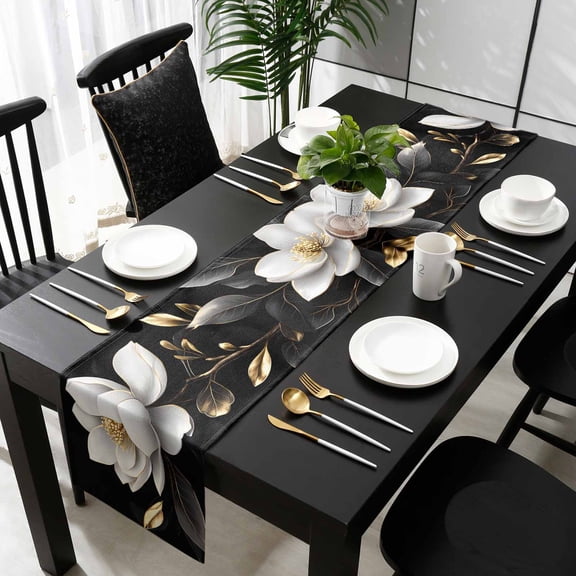 Gorgeous Flowers Table Runner 36 Inches Small - White Gold Floral Botanicals Black Kitchen Dining Burlap Linen Tablerunner for Small/Round/Square/Wedding/Coffee/Dining Table Party Home Décor 13 x 36