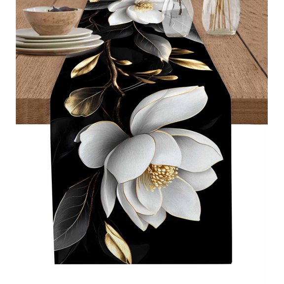 Gorgeous Flowers Table Runner 36 Inches, White Gold Floral Botanicals Black Bed Runner Dresser Scarves Tabletop for Indoor Outdoor Parties/Ceremony/Banquet, 13"x 36"