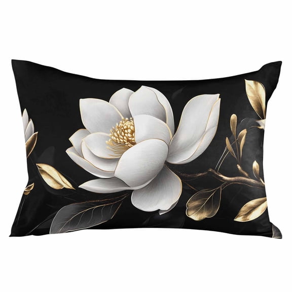 Gorgeous Flowers Throw Pillow Cover 16 x 24 Inch Decorative Pillow Cover White Gold Floral Botanicals Black Lumbar Pillowcase Seasonal Rectangle Cushion Case for Couch Sofa Bed Living Room