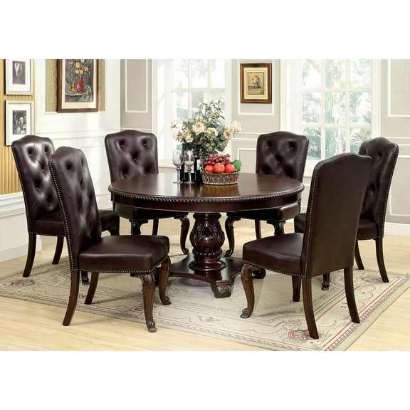 Gorgeous Formal 7pc Dining Set Brown Cherry Solid wood Round Table And 6x Side Chairs Leatherette Tufted Cushion Seat Furniture