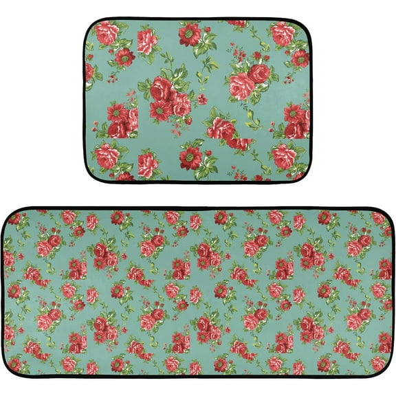 Gorgeous Garden Red Teal Kitchen Rug and Mat Set of 2 Anti Fatigue Non Slip Washable Boho Runner Rugs Floor Mats for Kitchen Laundry Room Home Decor