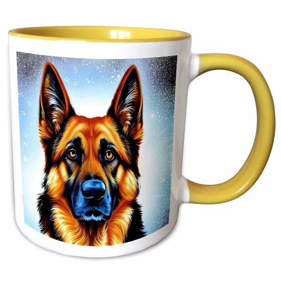 3drose, Gorgeous German Shepherd Dog Portrait. Blue Background Digital Art, 11oz Two-tone Yellow Mug