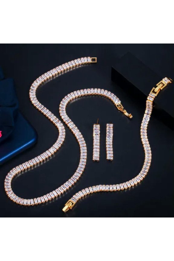 Gorgeous Gold CZ Bridal Long Baguette Cut Necklace Earring Bracelet Jewelry Set