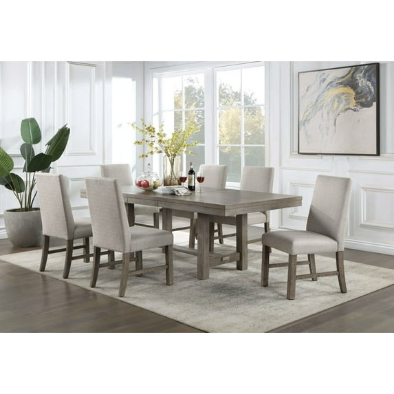 Gorgeous Gray Color Dining Room 7pc Set Dining Table w Leaf and 6x Side Chairs Fabric Upholstered
