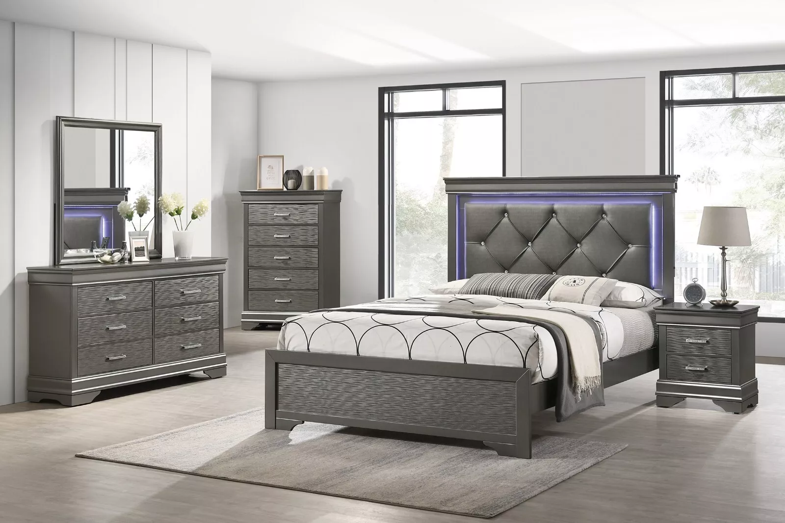 Gorgeous Gray Queen Size 4Pc Bedroom Set Bed Dresser Mirror Nightstand  Unique Tufted w LED HB - Walmart.com, image size:1600x1066